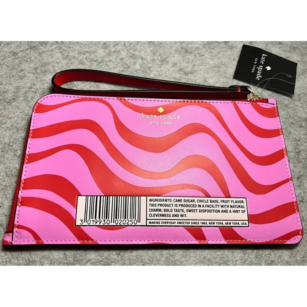 Kate Spade Sticky Situation Cherry Chewing Gum Pink Red Wavy Wristlet Pouch NEW